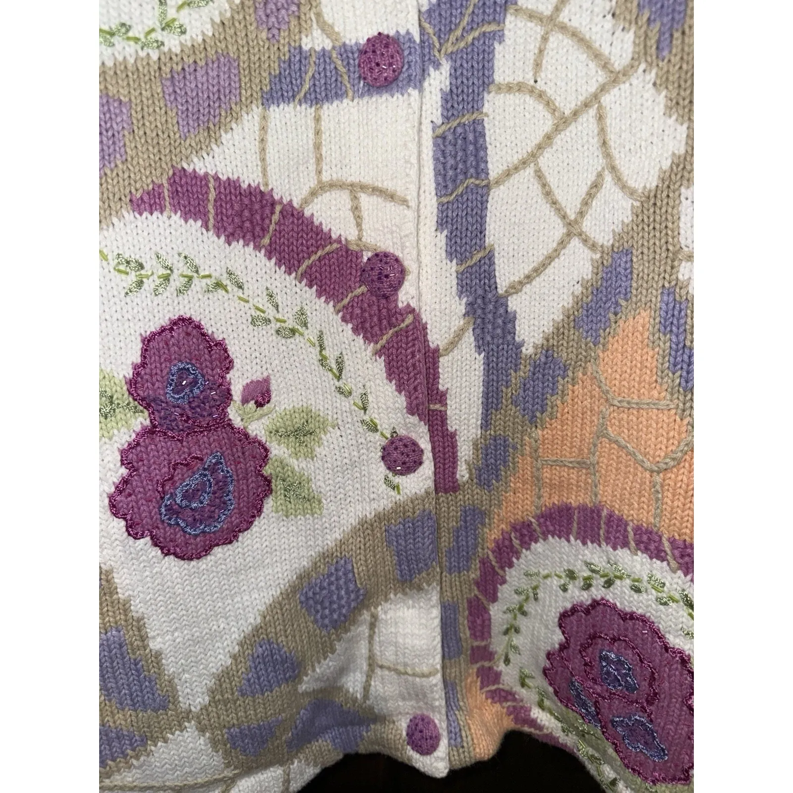 VTG Handknits by Storybook Knits Cardigan‎ Argyle Floral Embroidered Lavender 1X Purple Size 16P - Image 4