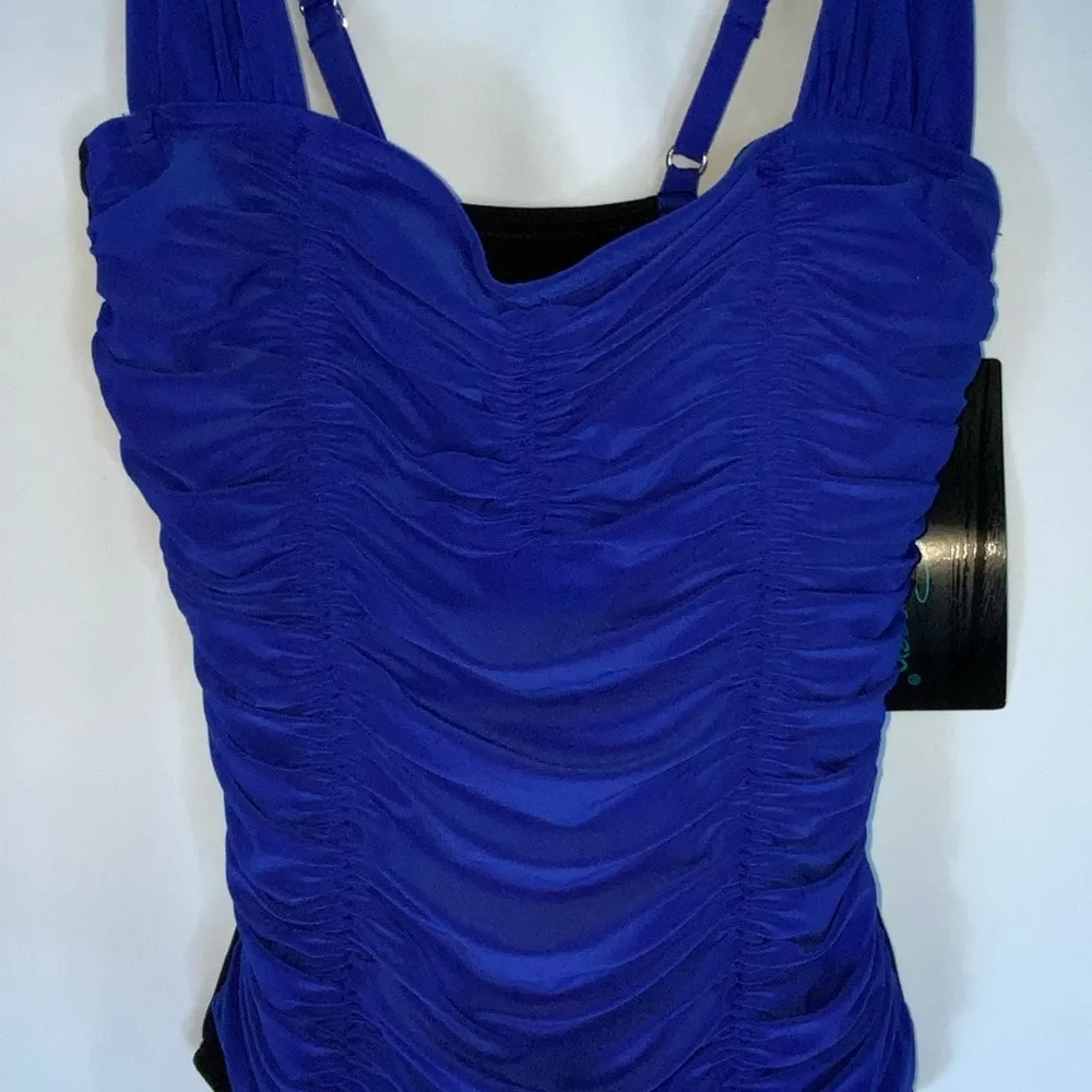 NWT Aqua Green Sapphire Blue & Black Runched One Piece Modest Swimsuit Small - Image 6