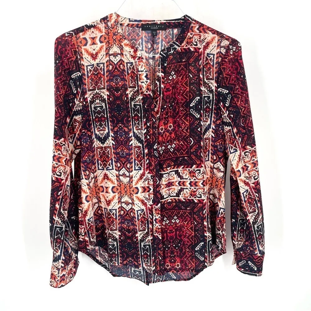 Anthropologie Sanctuary Long Sleeve Button Front Abstract Split V-Neck Blouse - Image 2