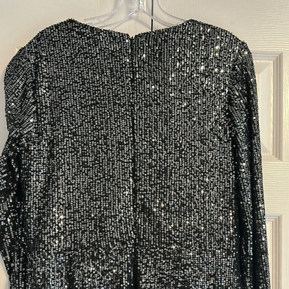 IEENA for Mac Duggal Black Sequin Faux Wrap V Neck Long Sleeve Midi Dress Siz 12 - Image 8