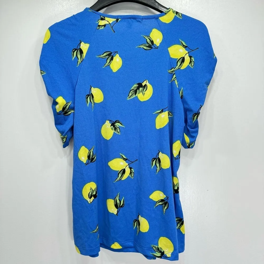 Adrienne Vittadini Cobalt Blue Lemon Shirt Short Raglan Sleeves Keyhole Neck - Image 6