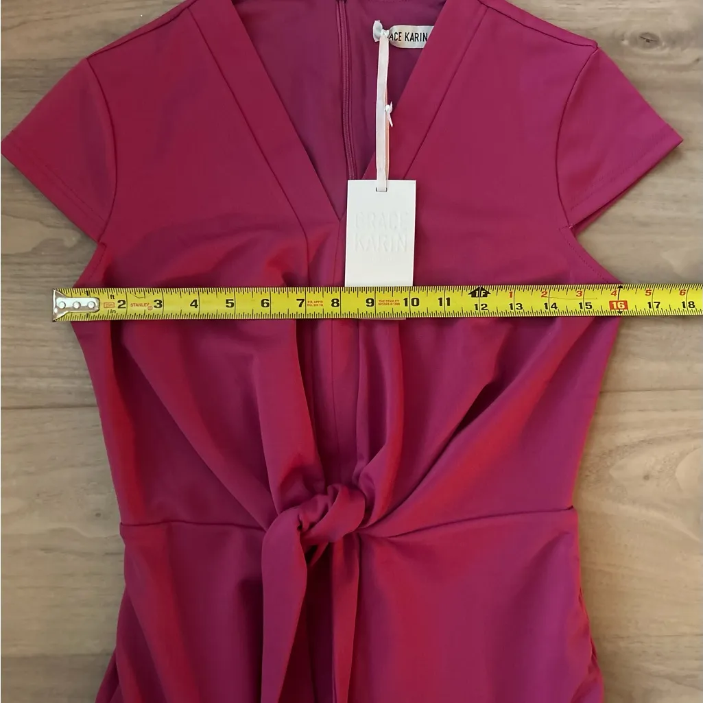 GRACE KARIN Midi Cap Sleeve Tie Waist Work Dress Slit V-Neck Business Casual S - Image 7