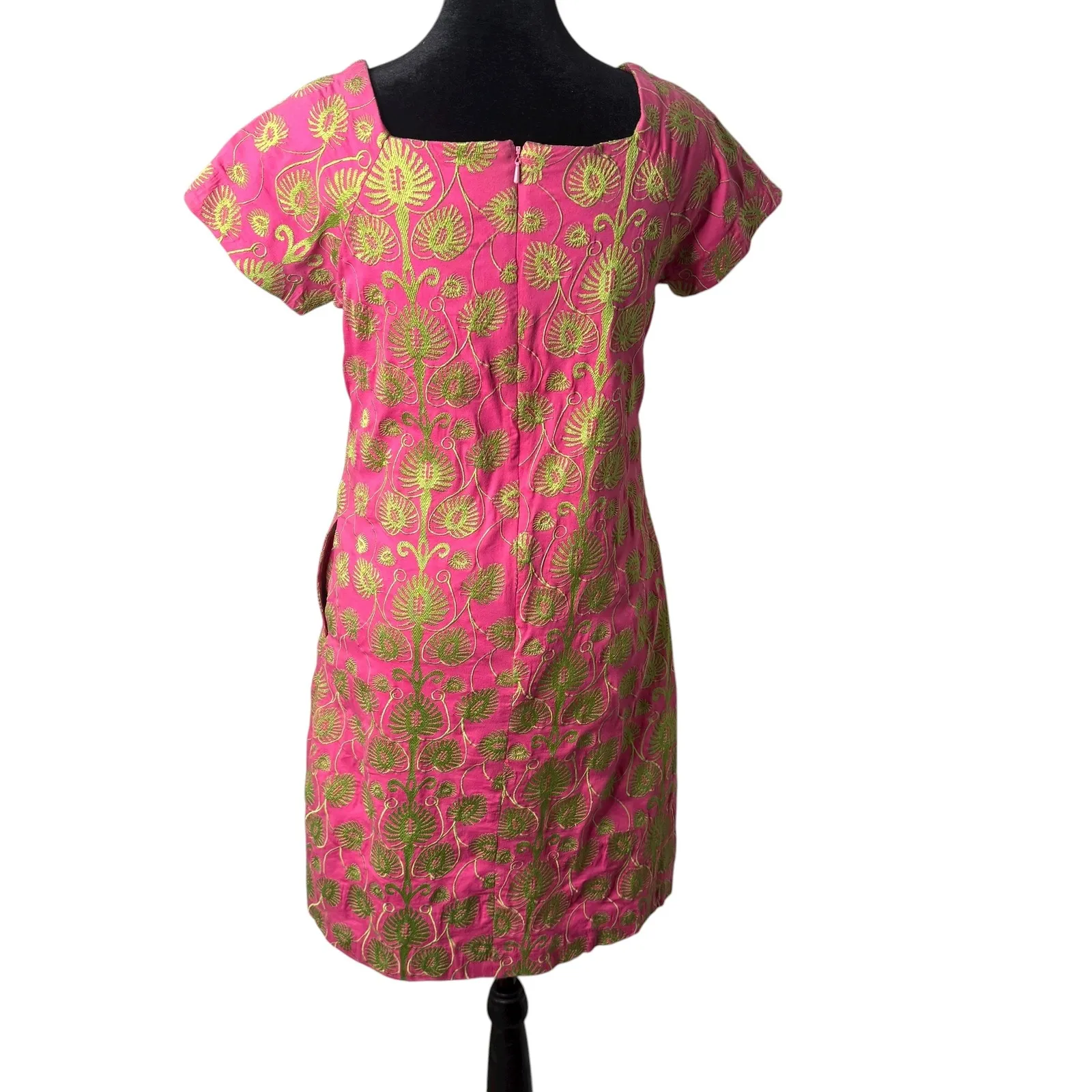 Womens Floral Embroidered Pink Green Shift Dress Size 2 Square Neck‎ Folk Ethnic - Image 3