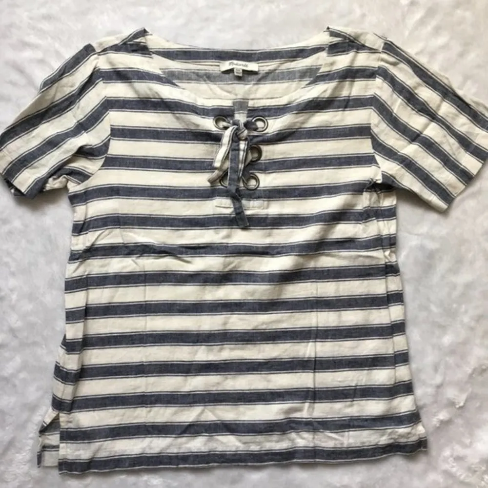 Madewell Women's Linen, Cotton Blend Indigo Striped Short Sleeve Lace-Up Tee XXS - Image 13