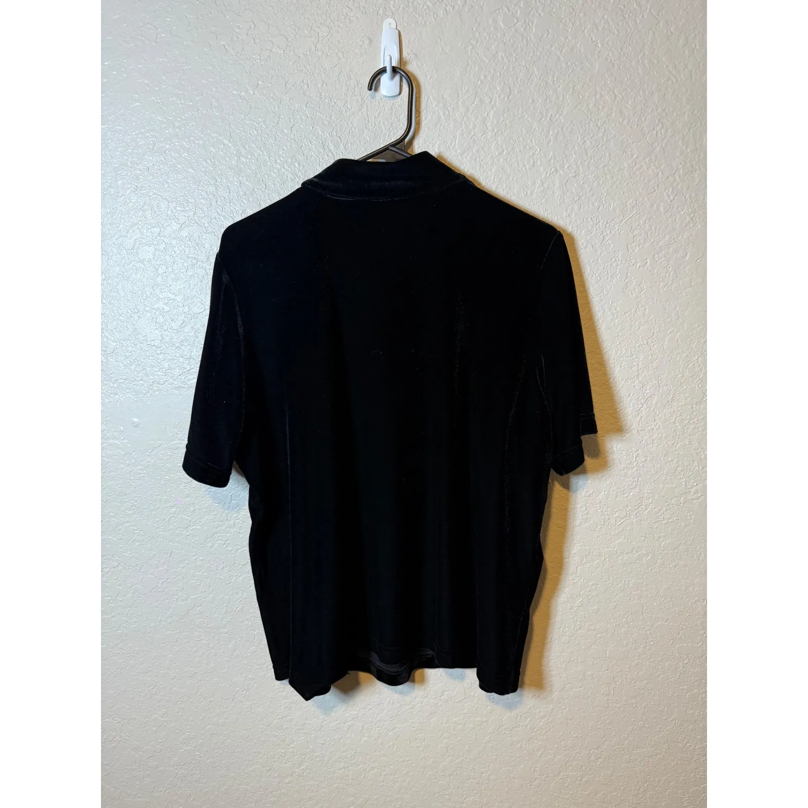 Black Velvet Mock Neck Top Short Sleeve Elegant Party Career Blouse Size L - Image 2