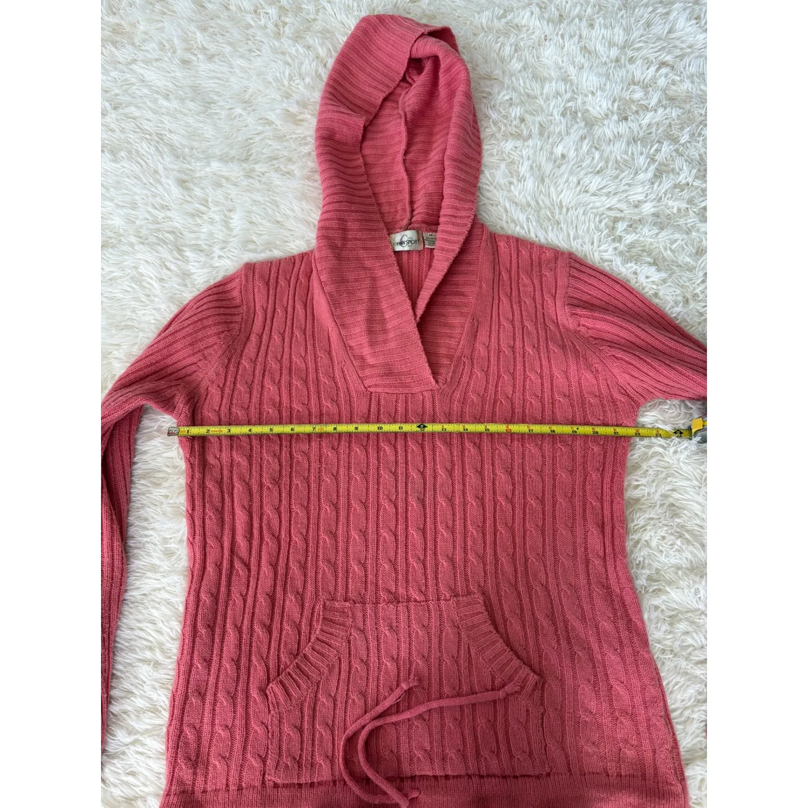 Caren Sport Coral Cable Knit Hooded Pullover Sweater Pouch Pocket 2X Pink Size XXL - Image 4