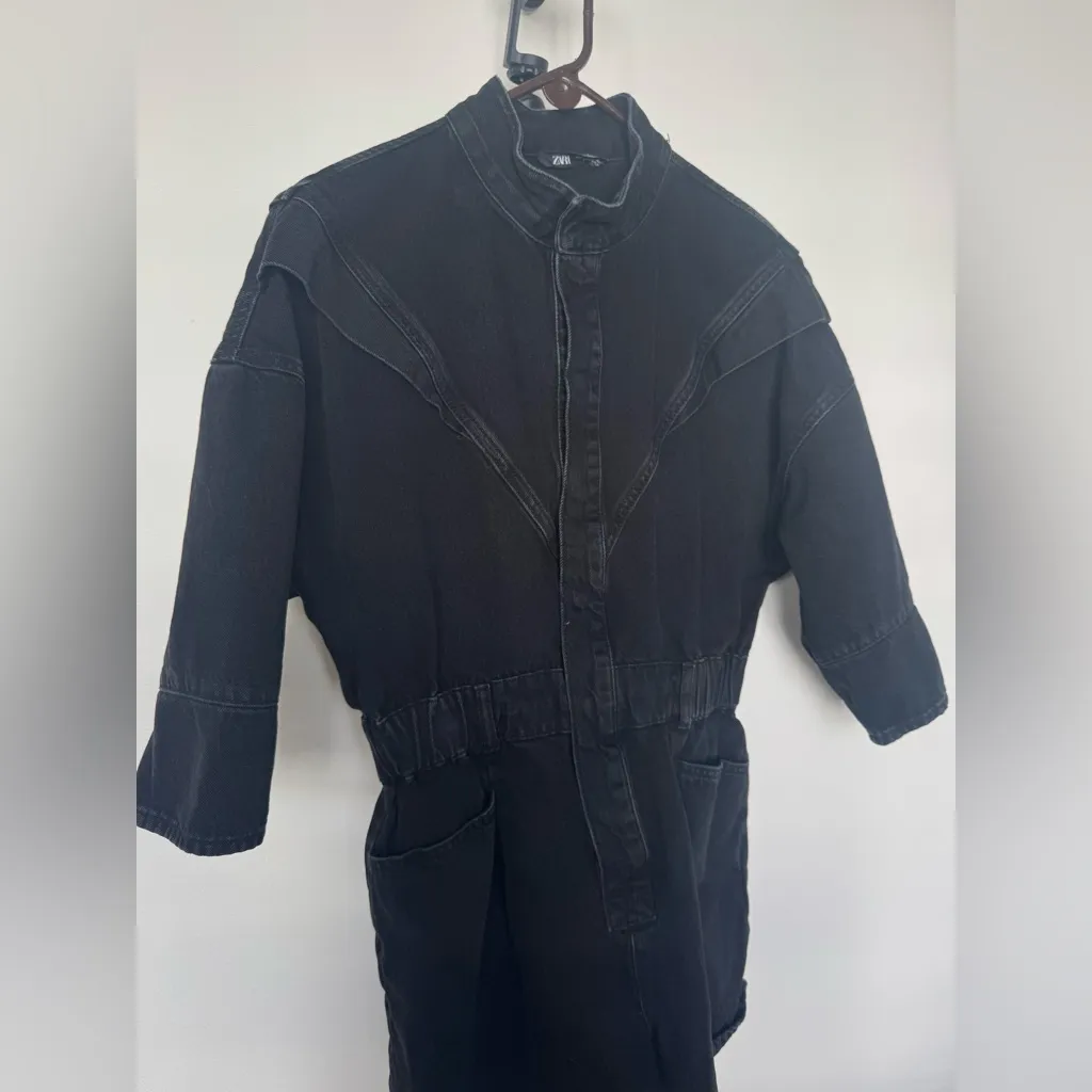 Zara Black Denim Short Sleeve Romper Jumpsuit Snap Button Up Sie M - Image 3