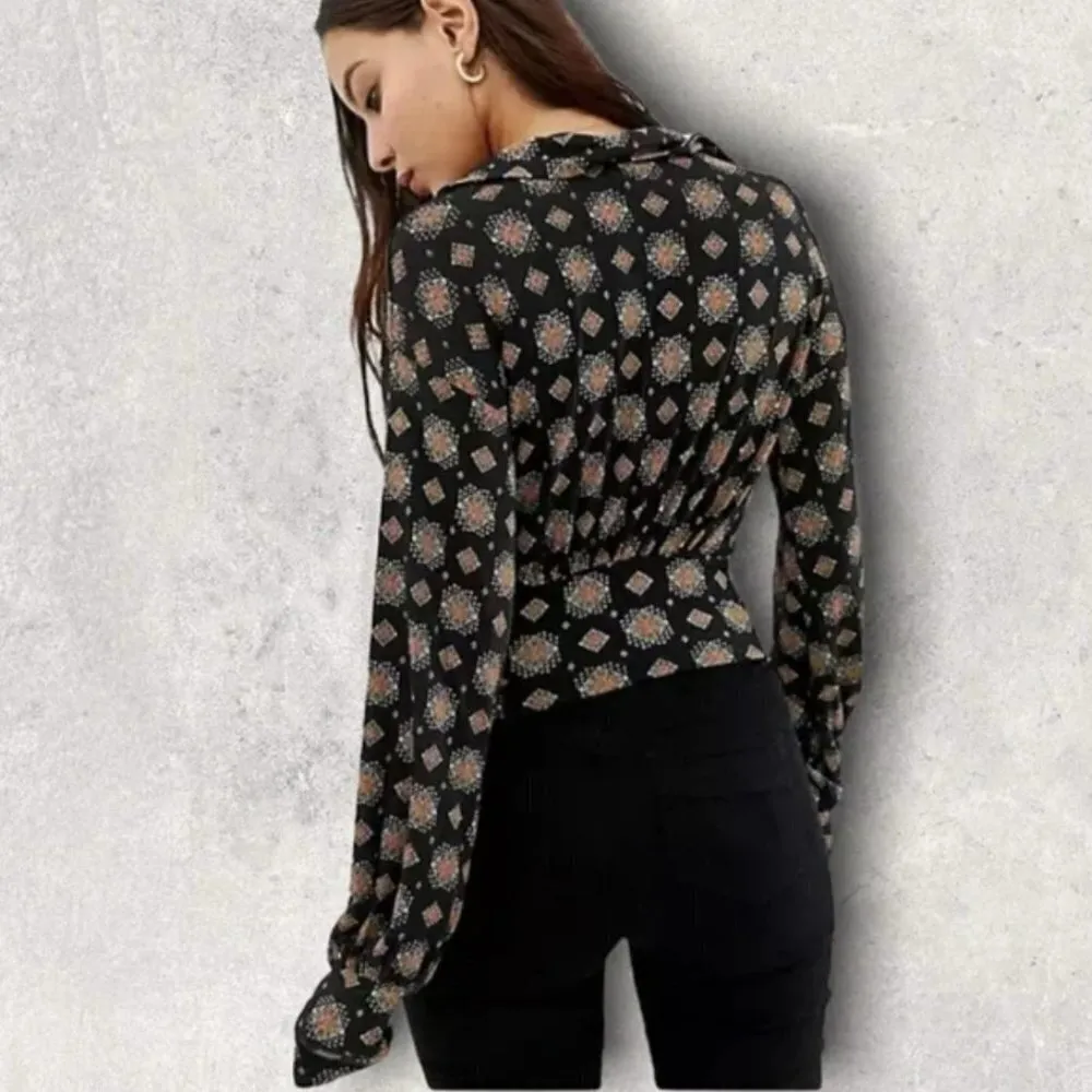 Free People Sydneys Party Top XS Medallion Printed Deep V Revolve Black Trendy - Image 15