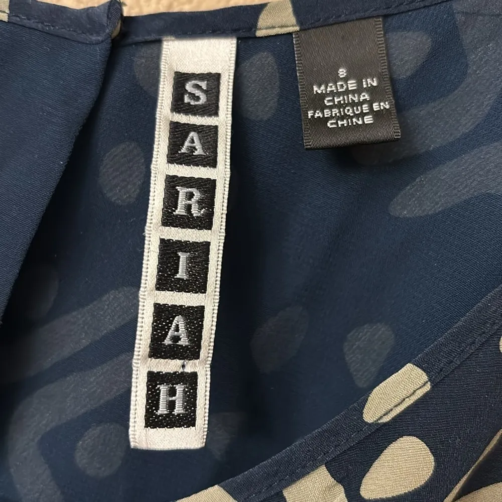 SARIAH Sleeveless Silk Tank Dress Sz 8 Cocktail Wedding Evening Navy Gray Print - Image 6