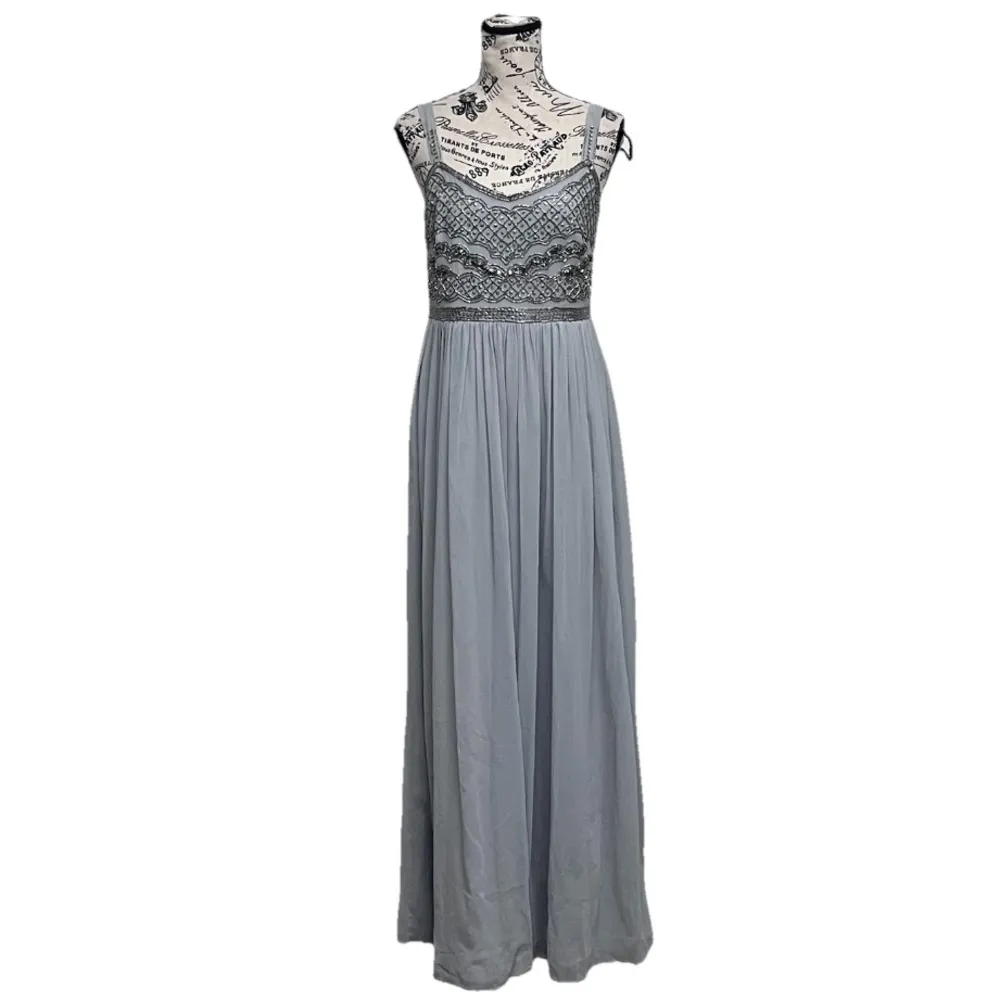 Adrianna Papell Beaded Silver Maxi Formal Dress 4 Evening Gown Prom Wedding Gala - Image 2