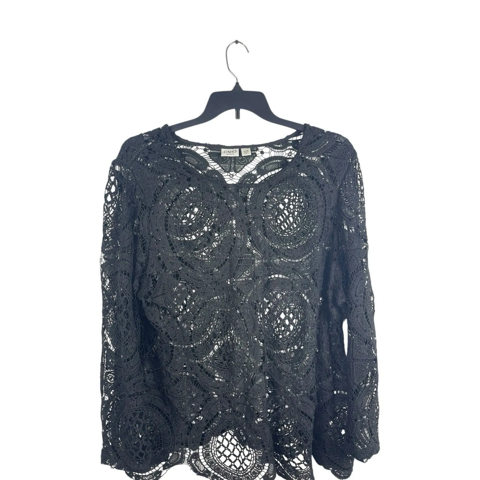 Cato Woman 22/24W Black Crochet Lace Top Long Sleeve Sheer Overlay - Image 3