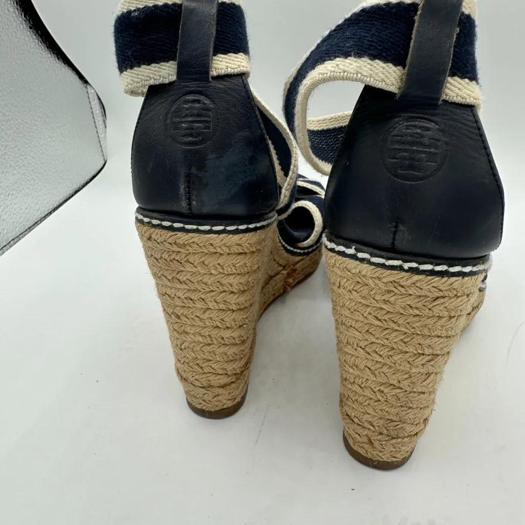 TORY BURCH Navy Blue & Cream Contrast Elastic Espadrille Wedges Women's 6B - Image 5