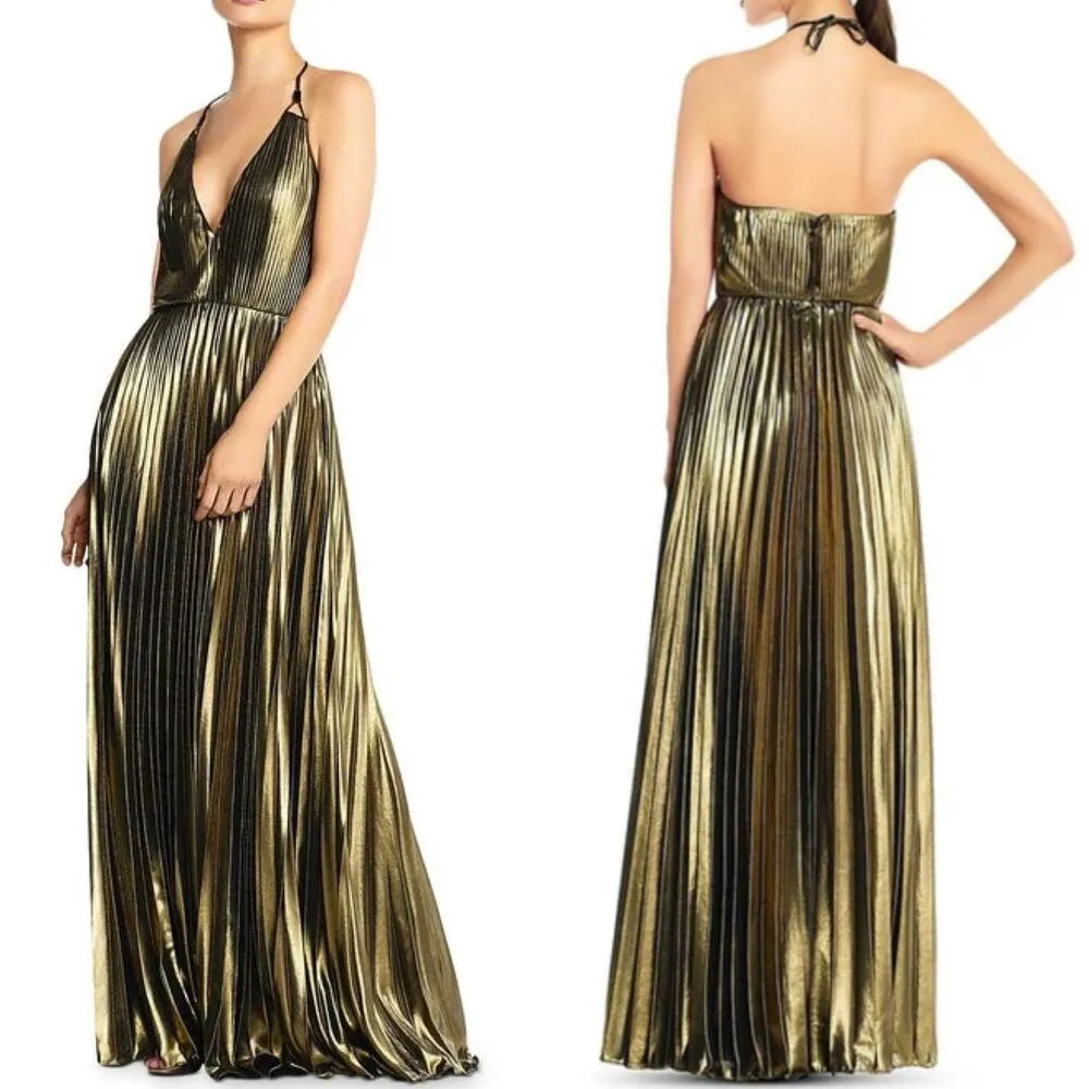 AIDAN MATTOX Pleated Folied Chiffon Halter Gown Bronze Metallic Maxi 4 EUC - Image 3