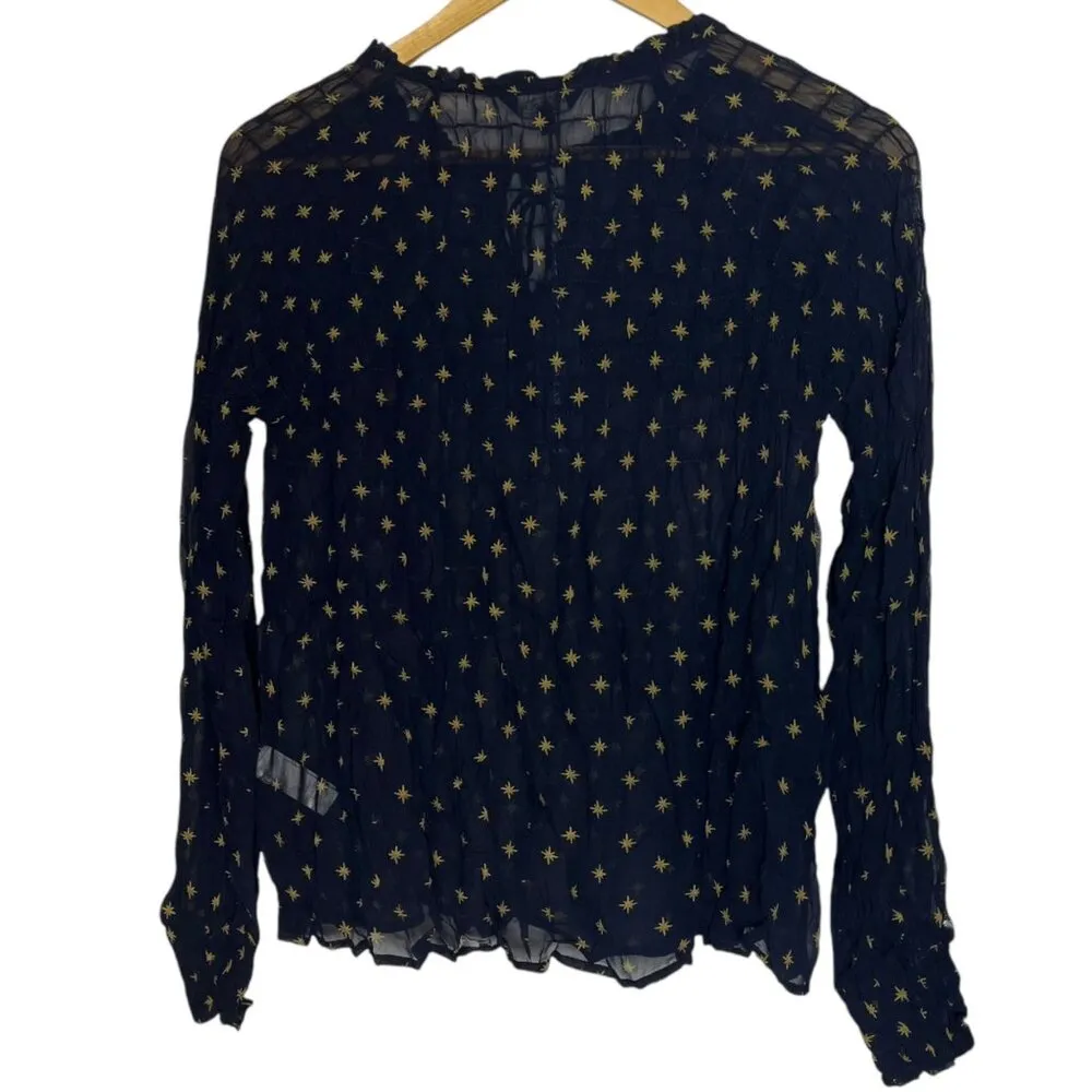 Lucky Brand Women's XS Peasant Top Navy Blue Gold Stars‎ Sheer Celestial - Image 3