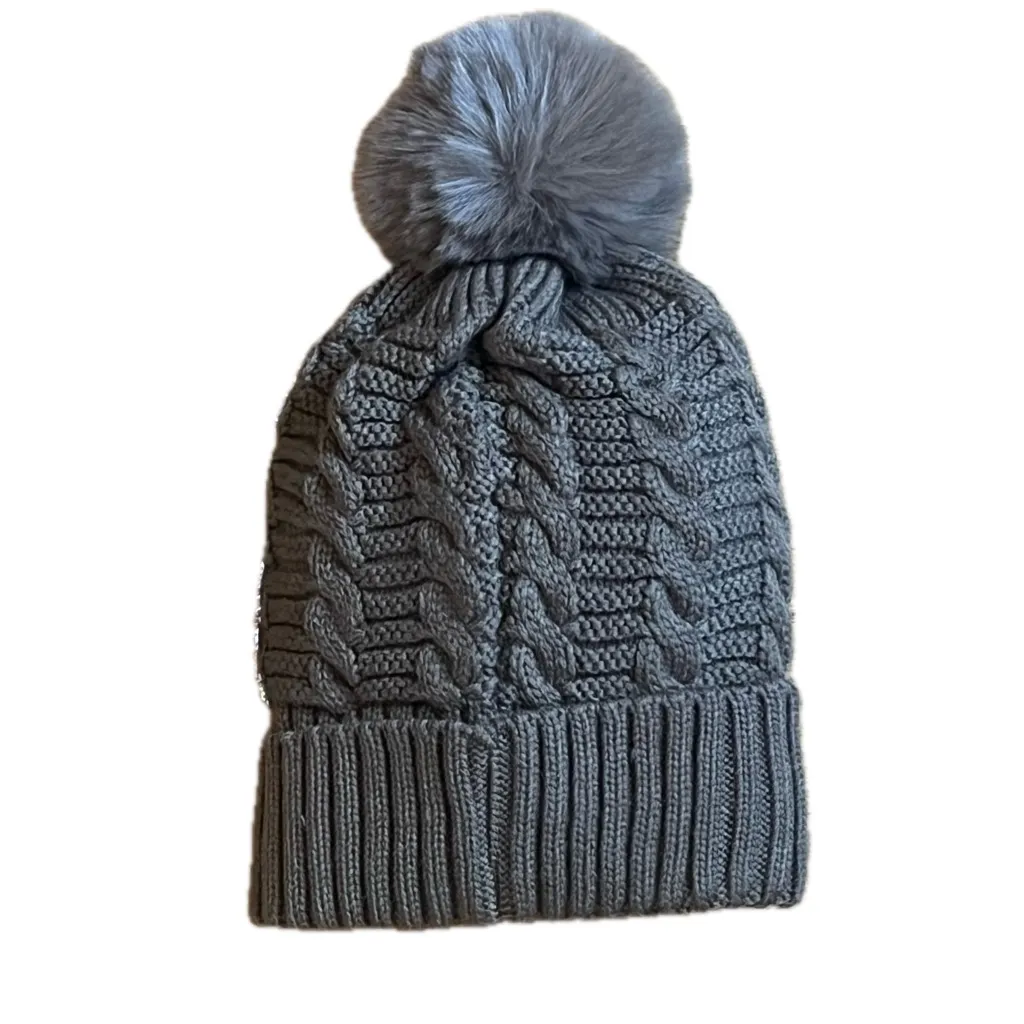 Boutique Brown Cable Knit Ribbed Beanie with Pom Pom Silver Sequins One Size NWT - Image 3