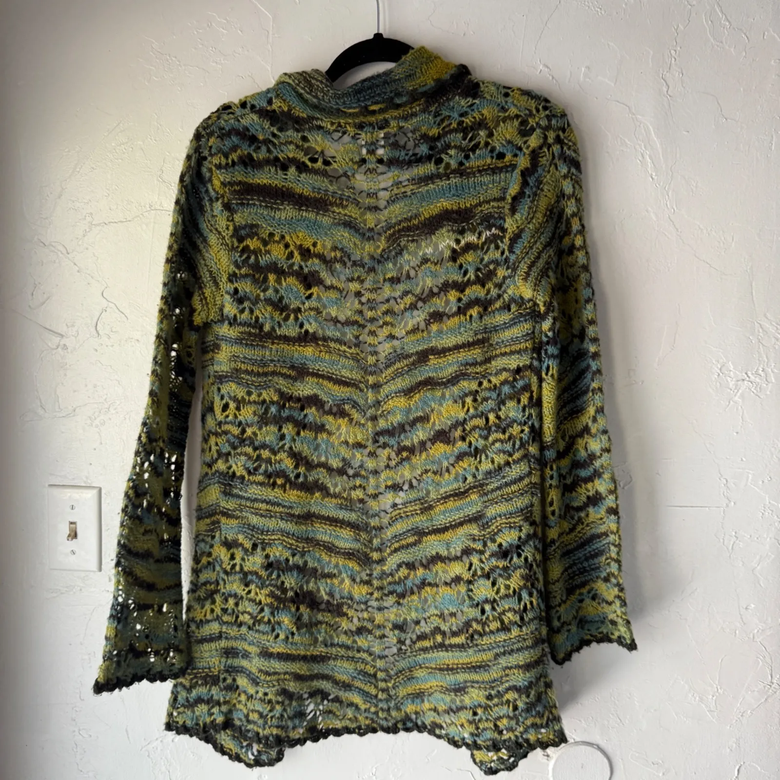 Free People Wool Blend Knit Cardigan Open Front S/P Green Yellow Boho‎ Layer - Image 8
