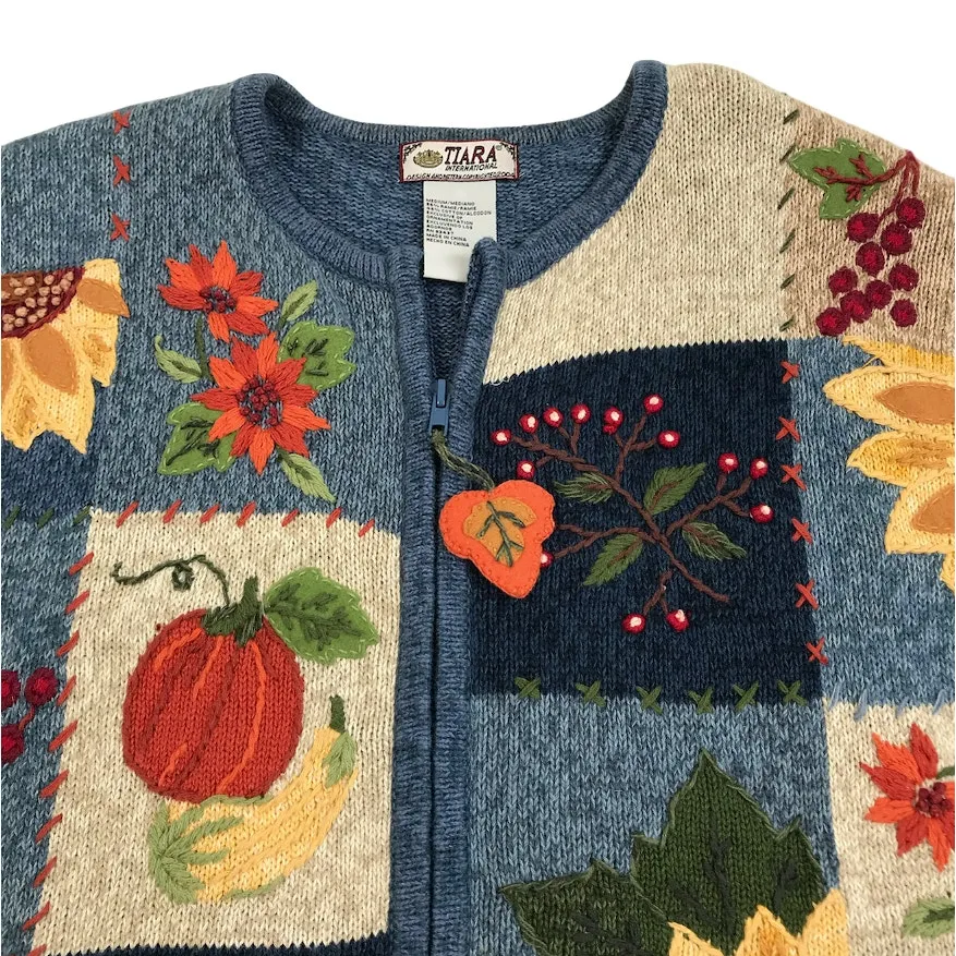 TIARA Vintage Patchwork Enbroidery Full Zip Cardigan Sz M Blue Retro Cottage Y2K - Image 7