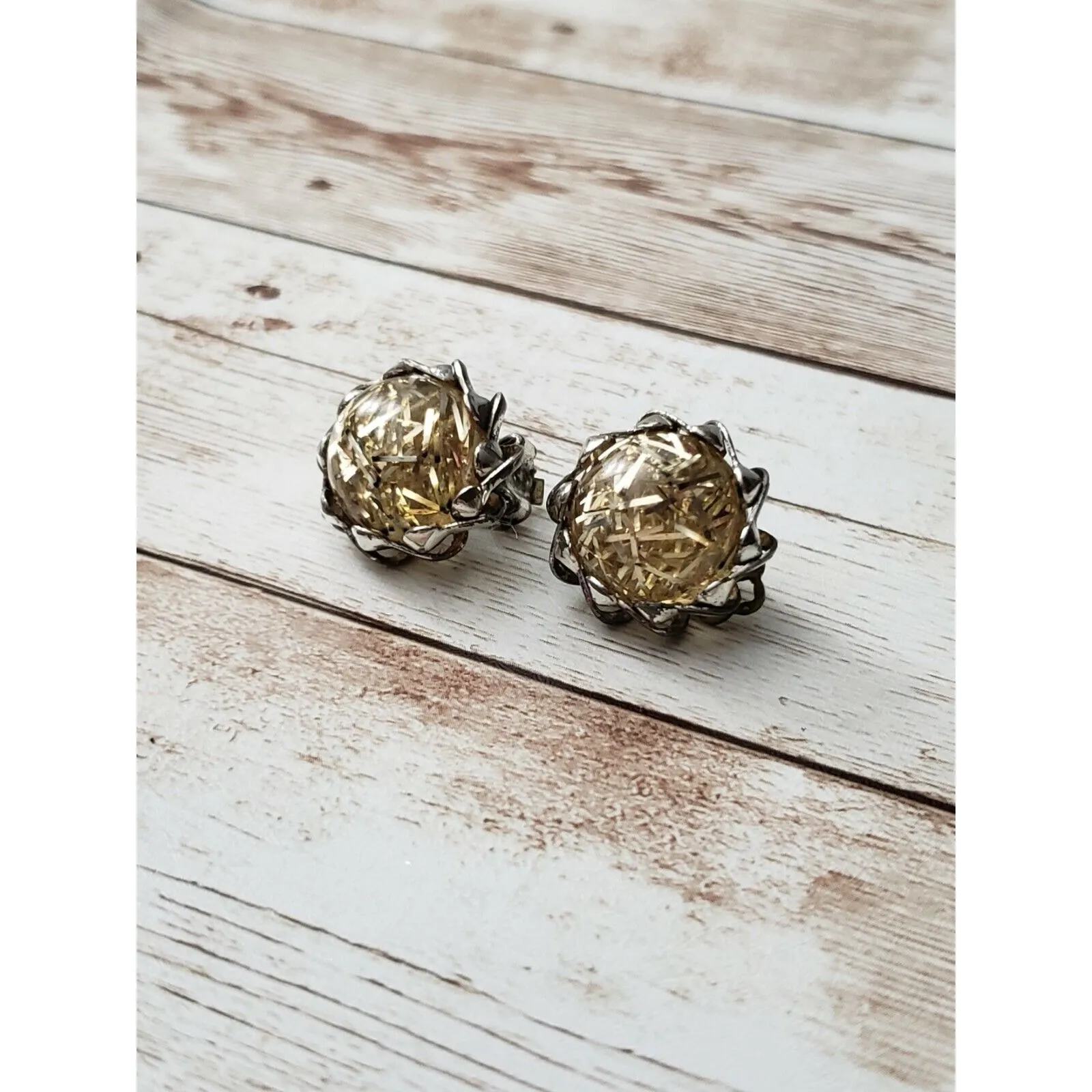 Vintage Clip On Earrings Gold Tone Strands with Fancy Silver Tone Halo - Image 2