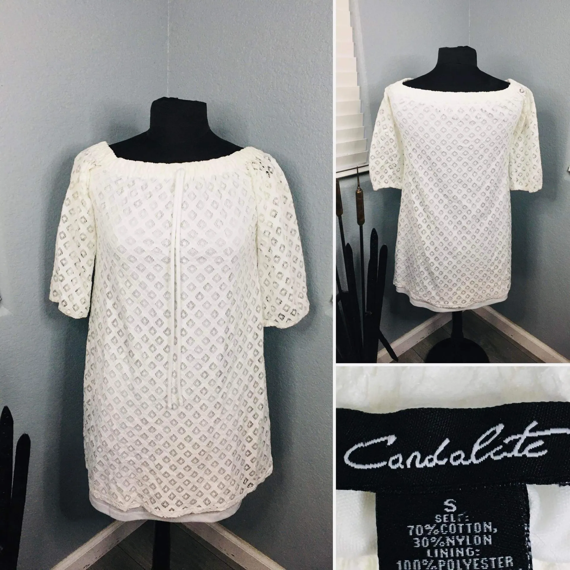 Candalite Women's Size S White Crochet 3/4 Sleeve Mini Dress - Image 2