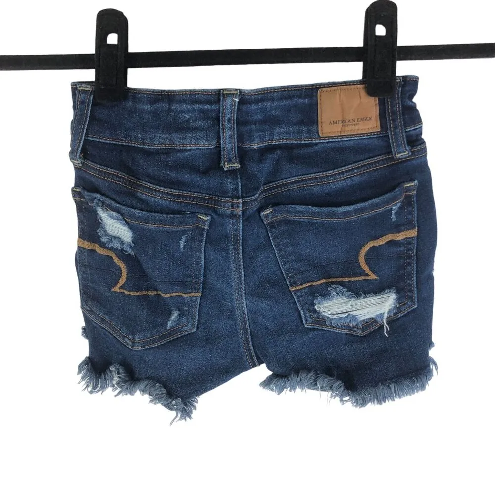 American Eagle Womens Low Rise Distressed Midi Shortie Jean Shorts Dark Wash 00 - Image 2