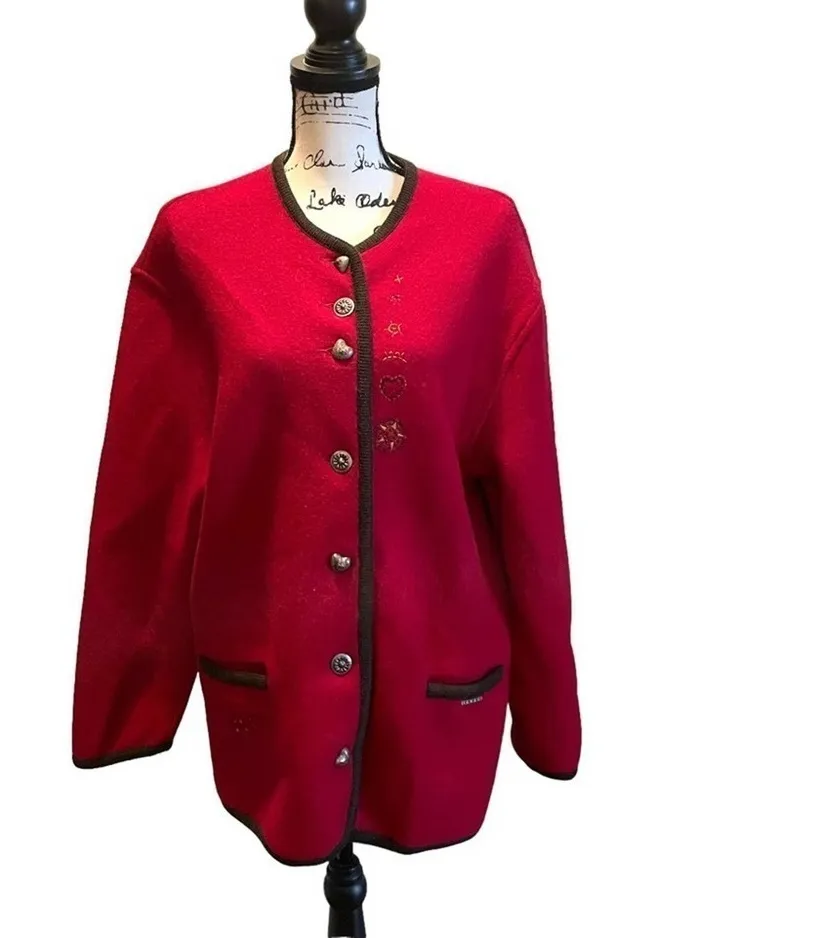 GEIGER of Austria Wool Sweater Jacket Cardigan Ruby Red Size Large Hearts Stars - Image 1