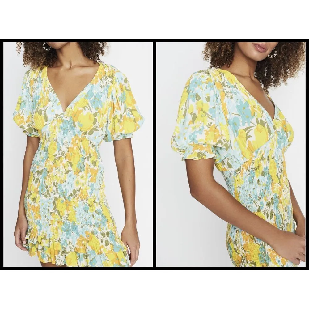 💕FAITHFULL THE BRAND💕 Margherita Shirred Crepe Mini Dress Annina Floral 10 NWT - Image 9