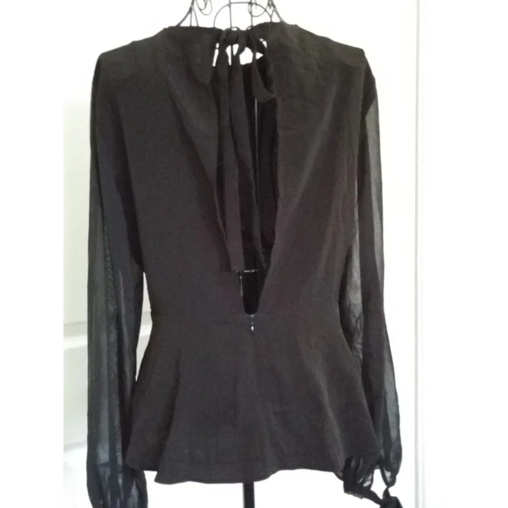 TOPSHOP Black Sheer Long Sleeve Peplum Blouse Keyhole Back Shirt Top Size 8 - Image 2