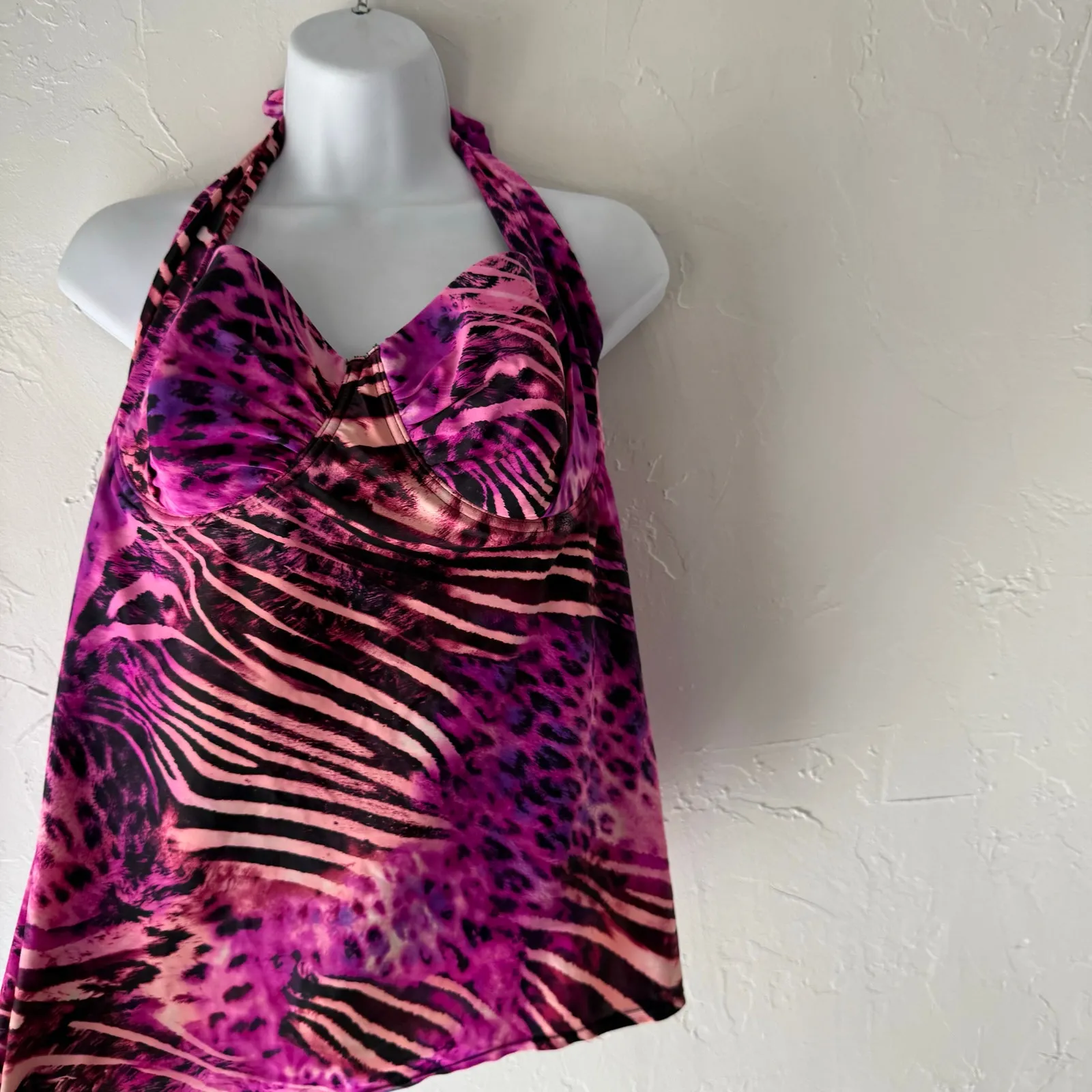 Smart & Sexy Animal Print Halter Tankini Top 38D Padded Swimwear Y2K‎ Bold Pink Size XL - Image 4