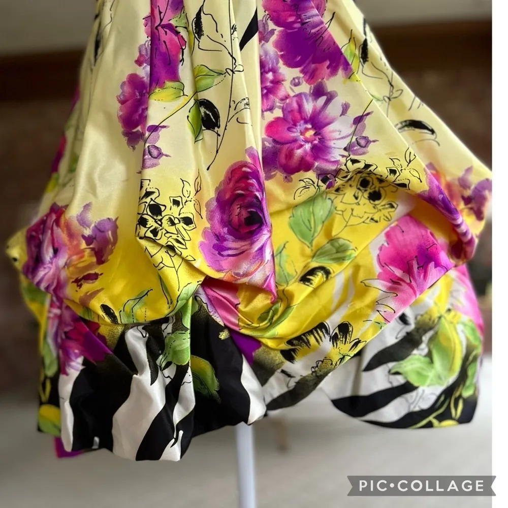 Riva Designs Dress Mini Satin XS Floral One Shoulder Yellow Multi Beaded Bubble - Image 5