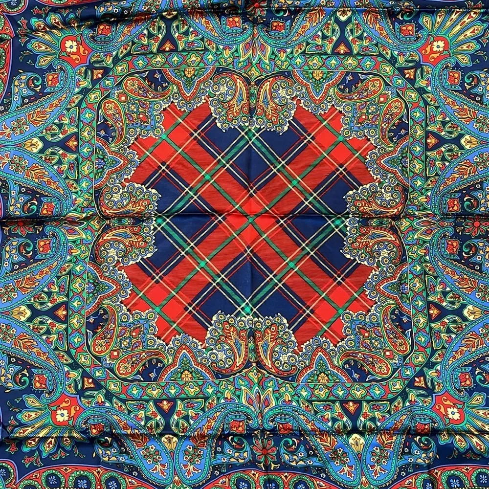 Vintage 90s Satin Silk Blend w/ Paisley & Plaid Print Bandana Scarf Blue - Image 4