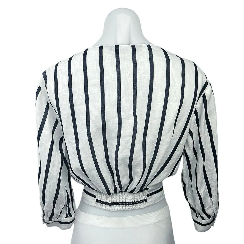 Zara Women's White Striped V-Neck Long Balloon Sleeve Blouse Cropped Top Sz XS - Image 4