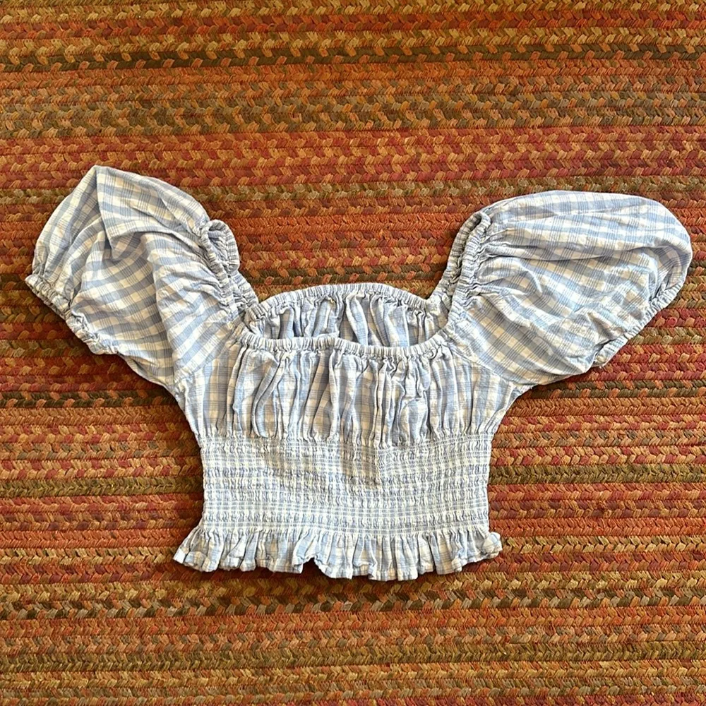 JAPNA BLUE GINGHAM PUFF SLEEVE CROP TOP - Image 3