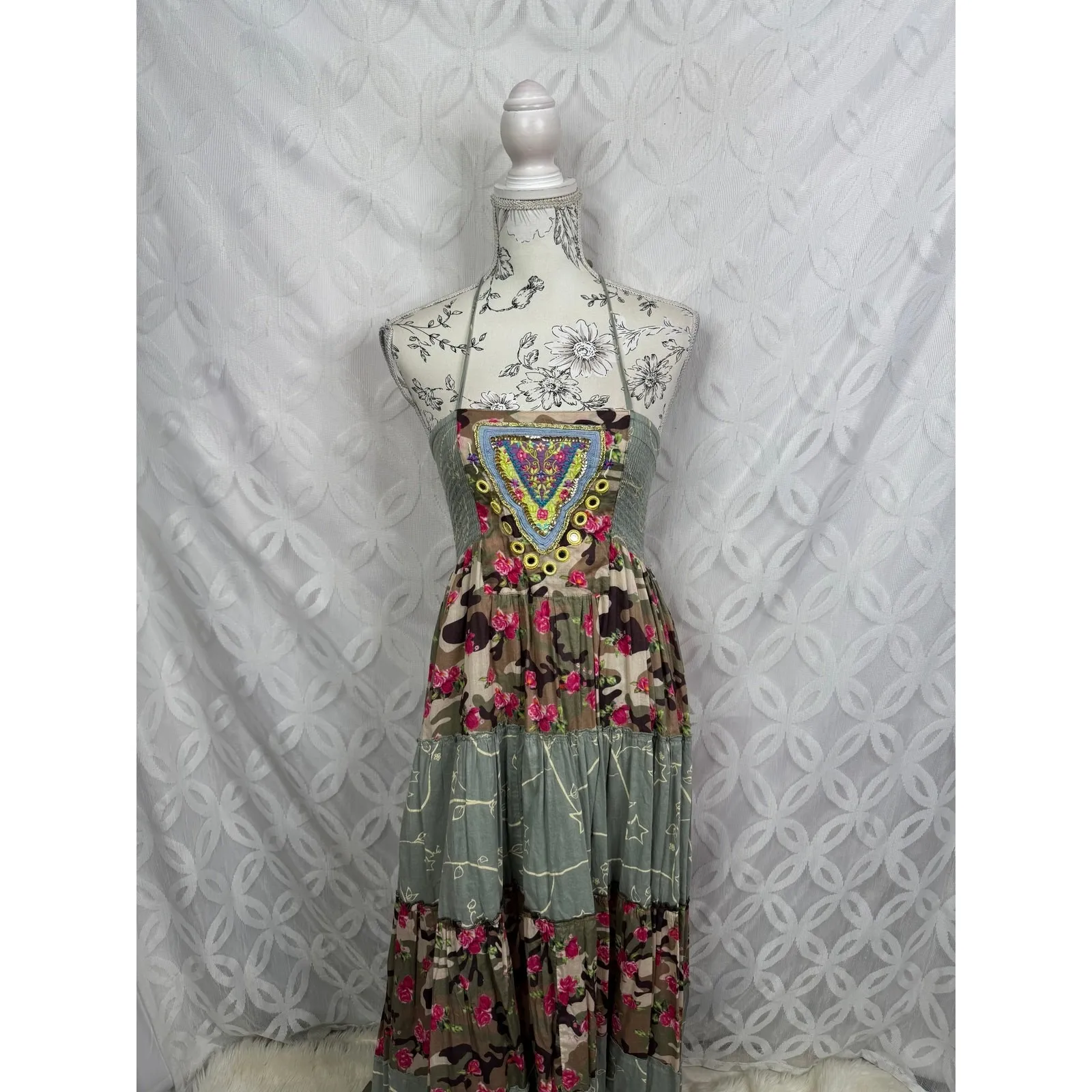 Boston Proper Nomad Camo Tassels Maxi Dress‎ with Pom Poms Size XS - Image 7
