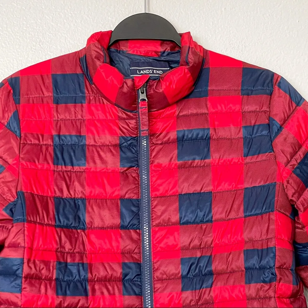 Land's End Packable Red/Blue Buffalo Plaid Checked Puffer Coat/Jacket Size Large - Image 2