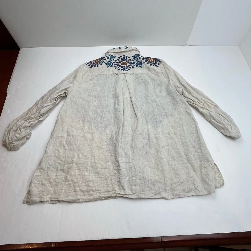 John Mark Womens Tunic Top Linen Artsy Art to Wear Embroidered Boho‎ Ecru Large - Image 14