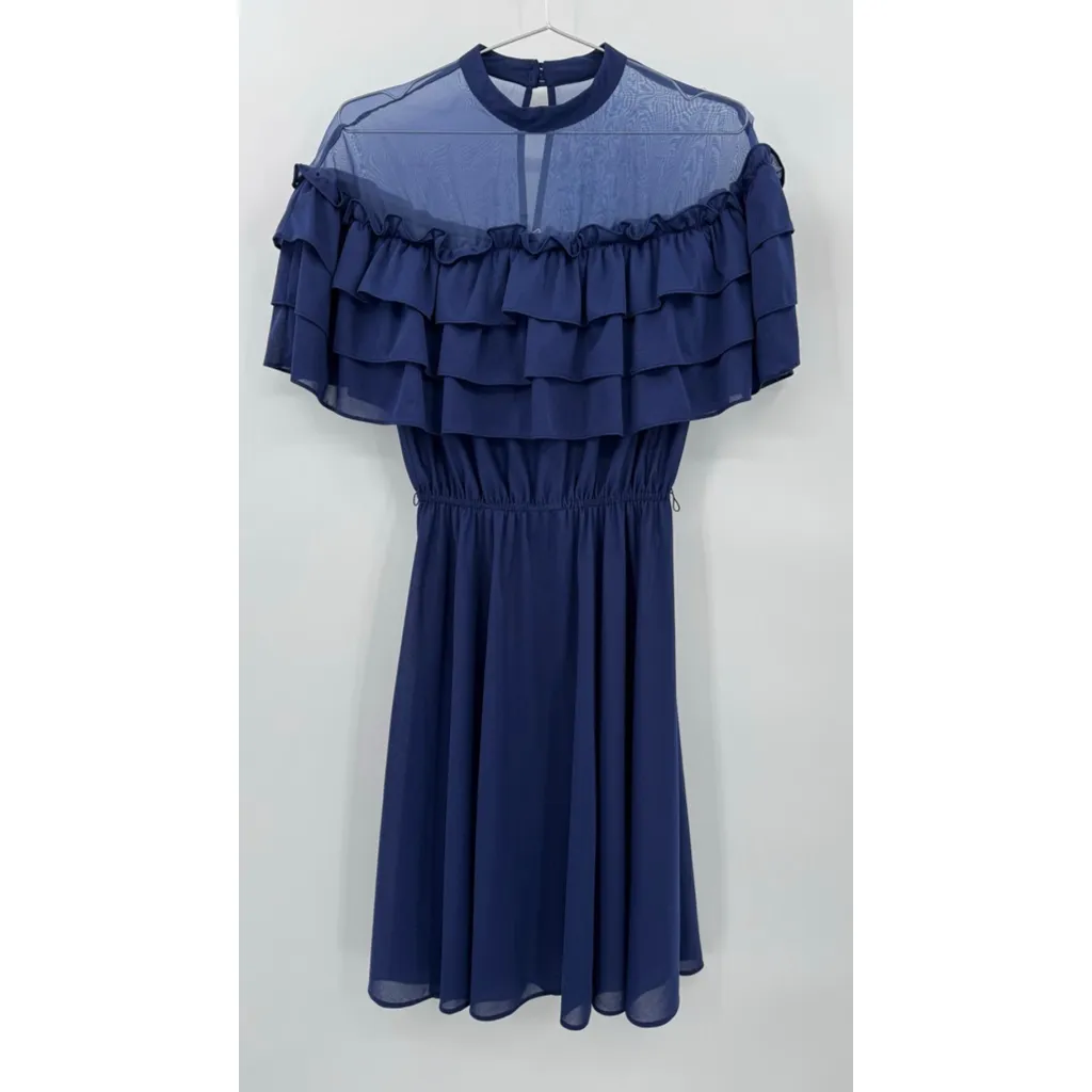 Vintage 80s Midi Party Dress Navy Blue Off Shoulder Layered Ruffles Sheer Yoke Size M - Image 7