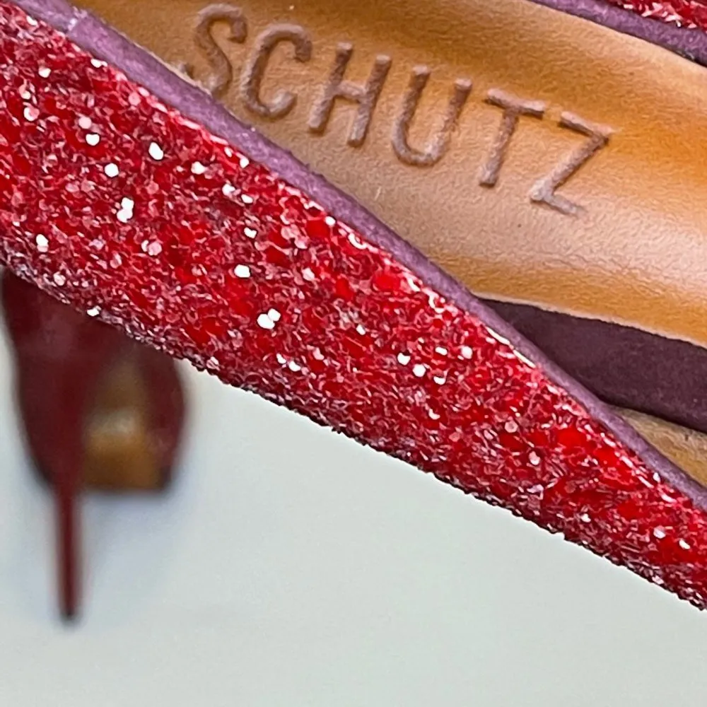 Schutz Stilletos Red Glitter Platform High Heels Lux Glam Party Shoes Size 5B - Image 5