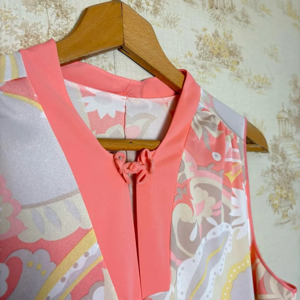 Vintage 60s 70s pink white floral paisley mod print satin sleeveless mini dress Size XL - Image 6