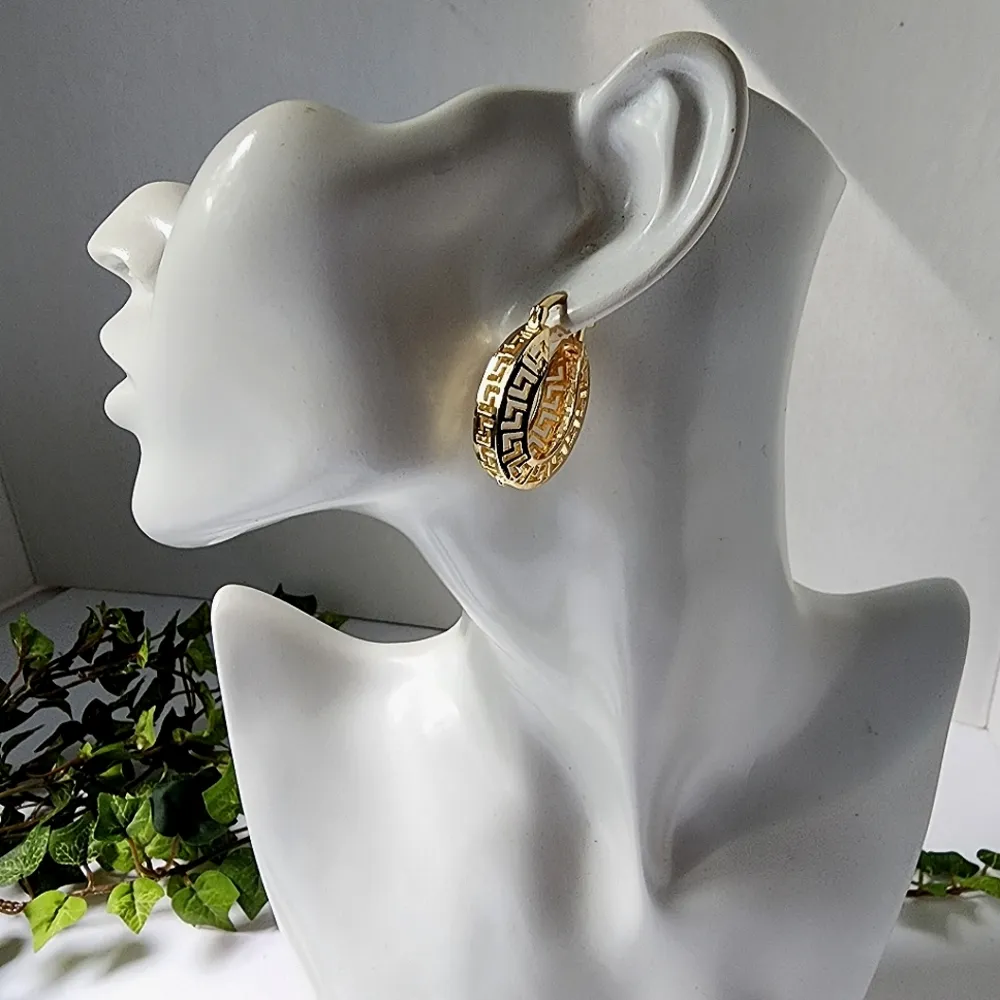 Gold Filled Greek Key Oval Hoop Earrings - Image 3