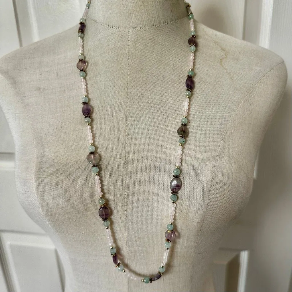 Vintage Fluorite, Rose Quartz & Aventurine Long Necklace w/ Gold - Image 2