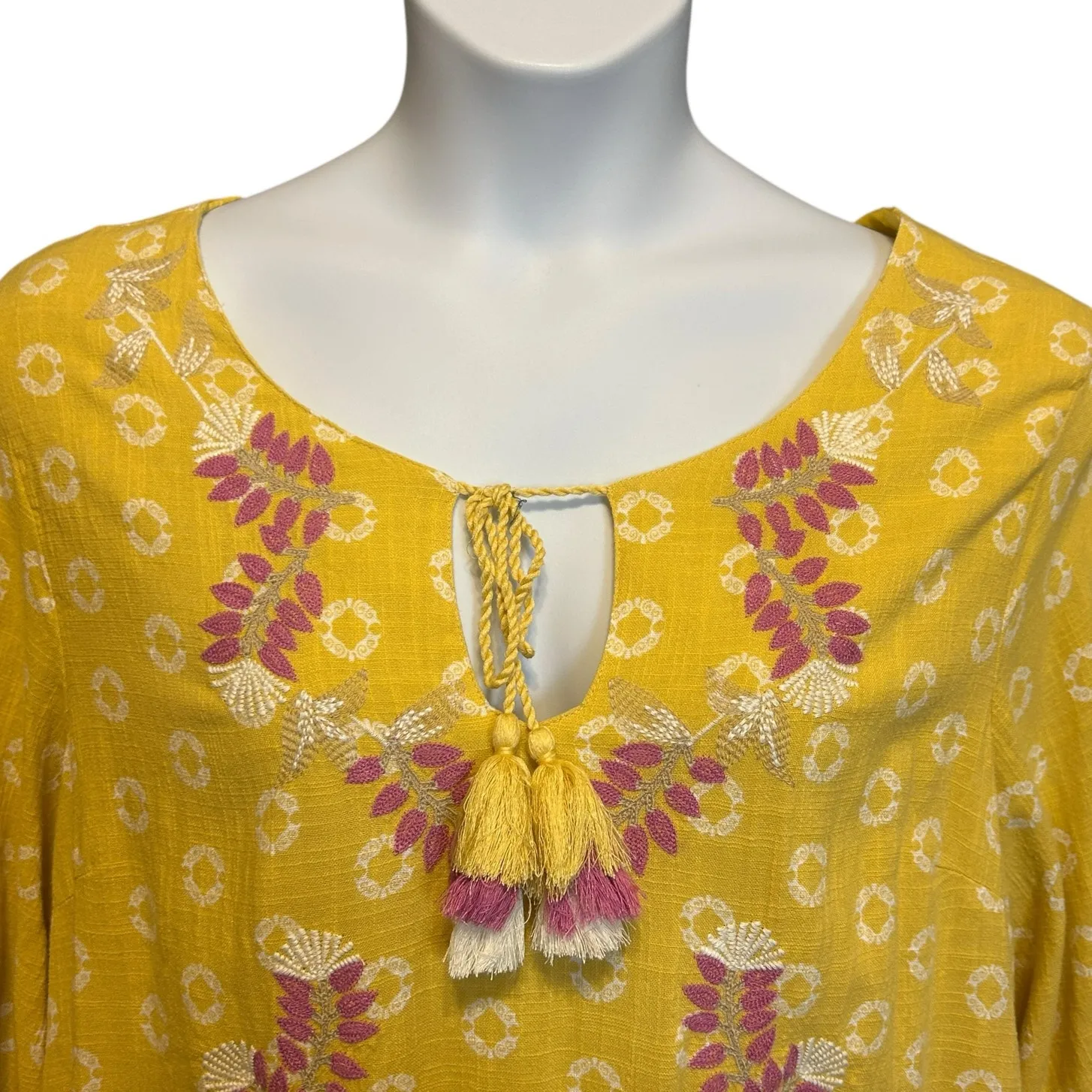 Charter Club Women Midi Dress XL Yellow Embroidered Floral Boho‎ Cottagecore - Image 12
