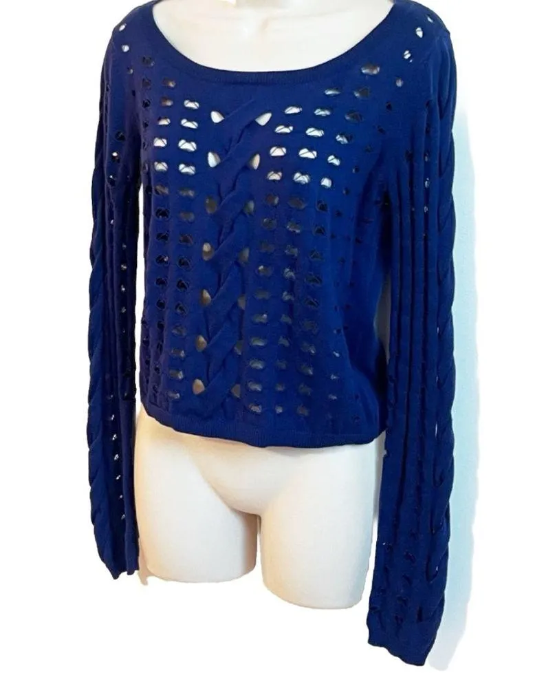 Rock & Republic Scoop Neck Crop Distressed Sweater Top Long Sleeve Blue Cotton S - Image 2