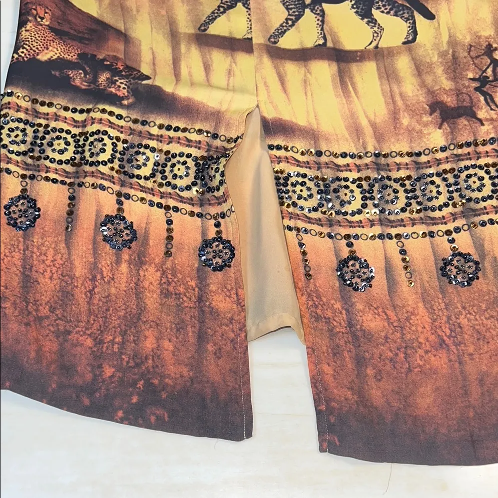 Silk Club Collection Leopard Print 100%Silk Beaded Lined Skirt Back Zip ordA3 Gold Size 10 - Image 8