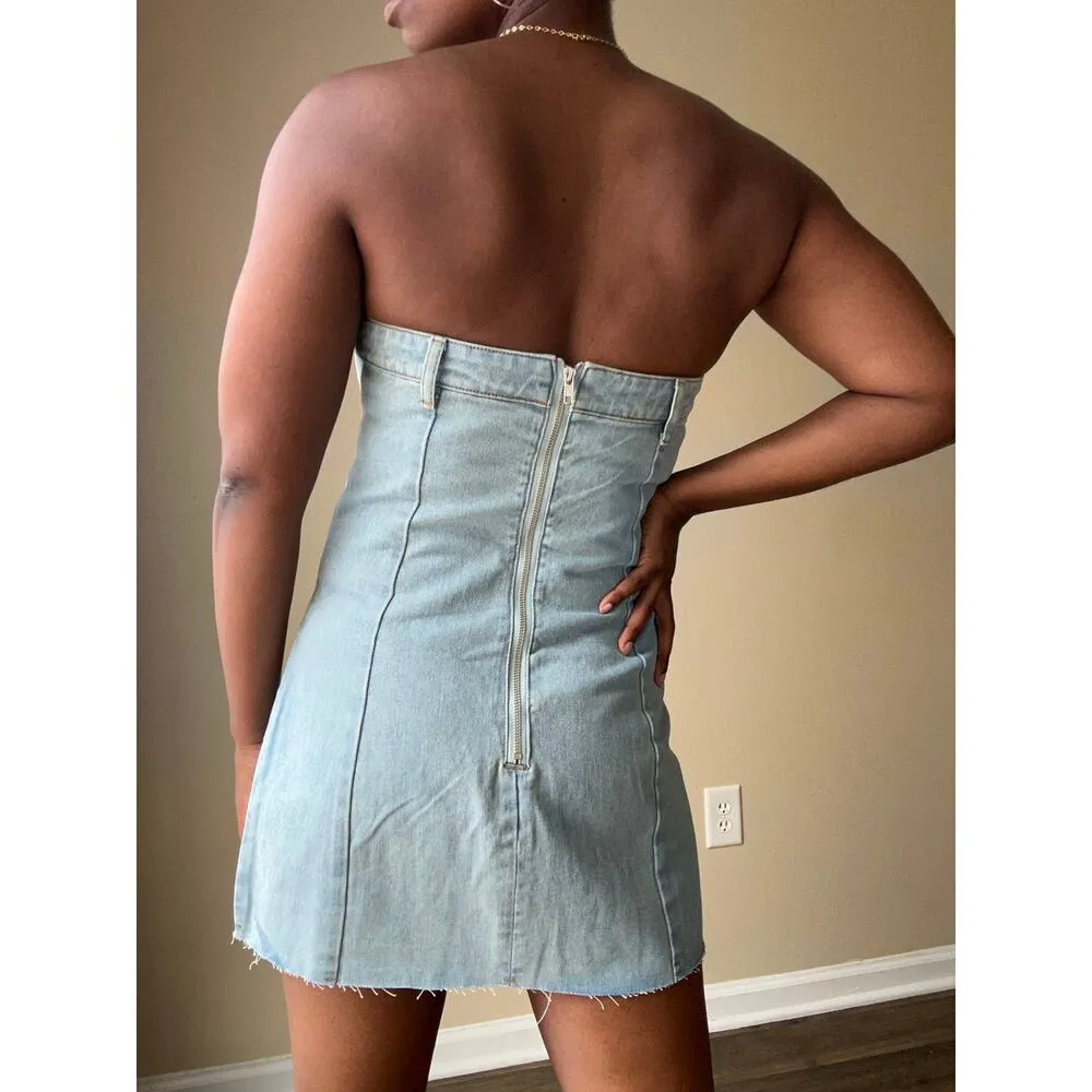 PrettyLittleThing Denim Strapless Mini Dress US Size 8 - Image 3