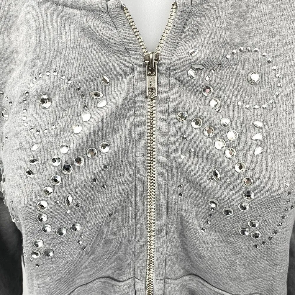 Wildfox Womens Gray Rhinestone Beaded Hoodie Hooded Zip Up Sweatshirt Top Size S - Image 3
