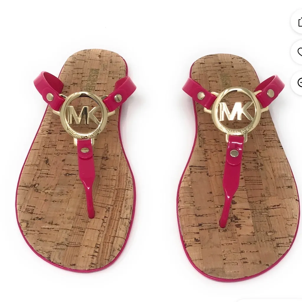 Michael Kors Hot Pink  Jelly T-Strap Cork Thong Sandals Gold MK Logo  7M Used - Image 2