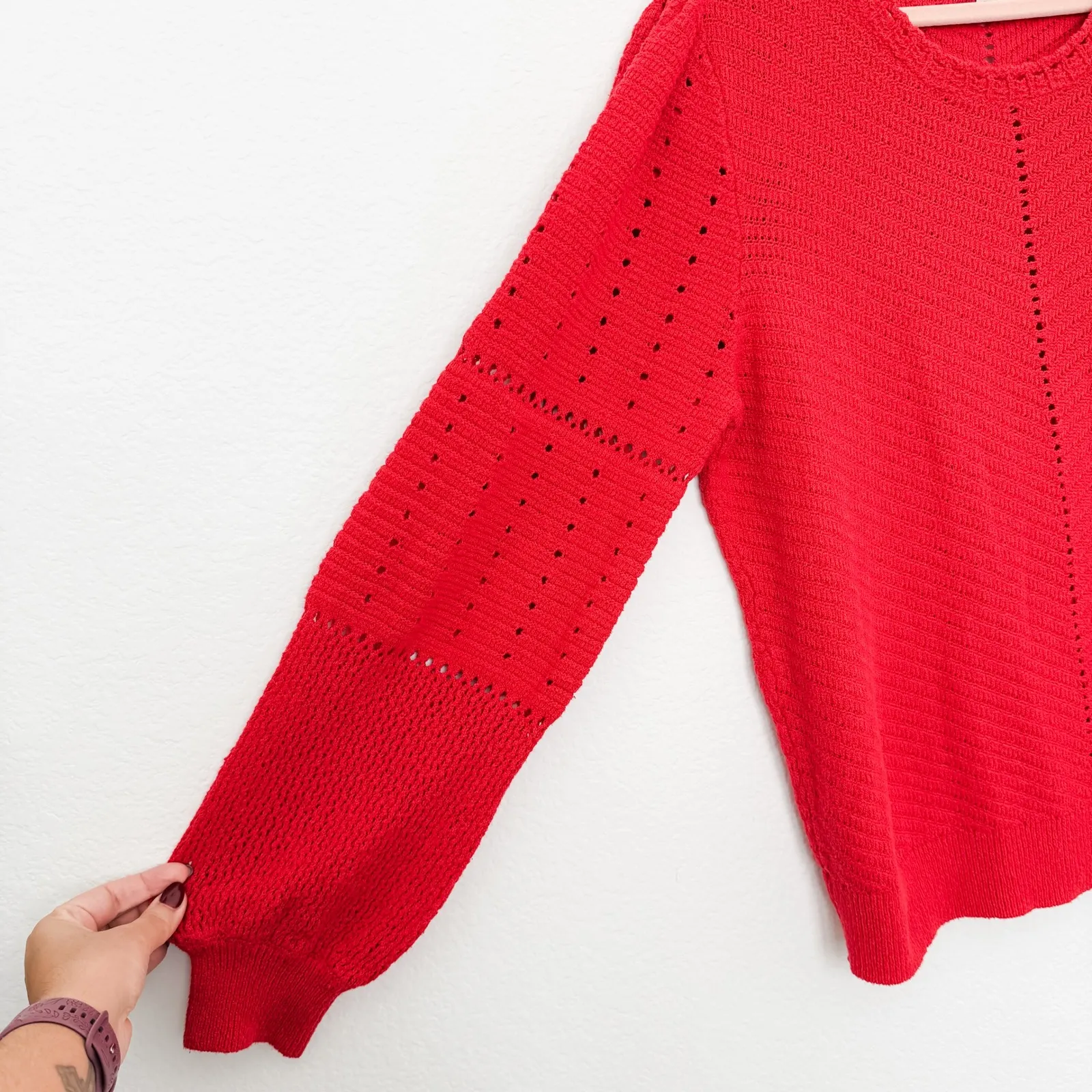 Knox Rose Womens Crochet‎ Sweater Size XXL Red Puff Sleeve Holiday Cozy Cottage - Image 5