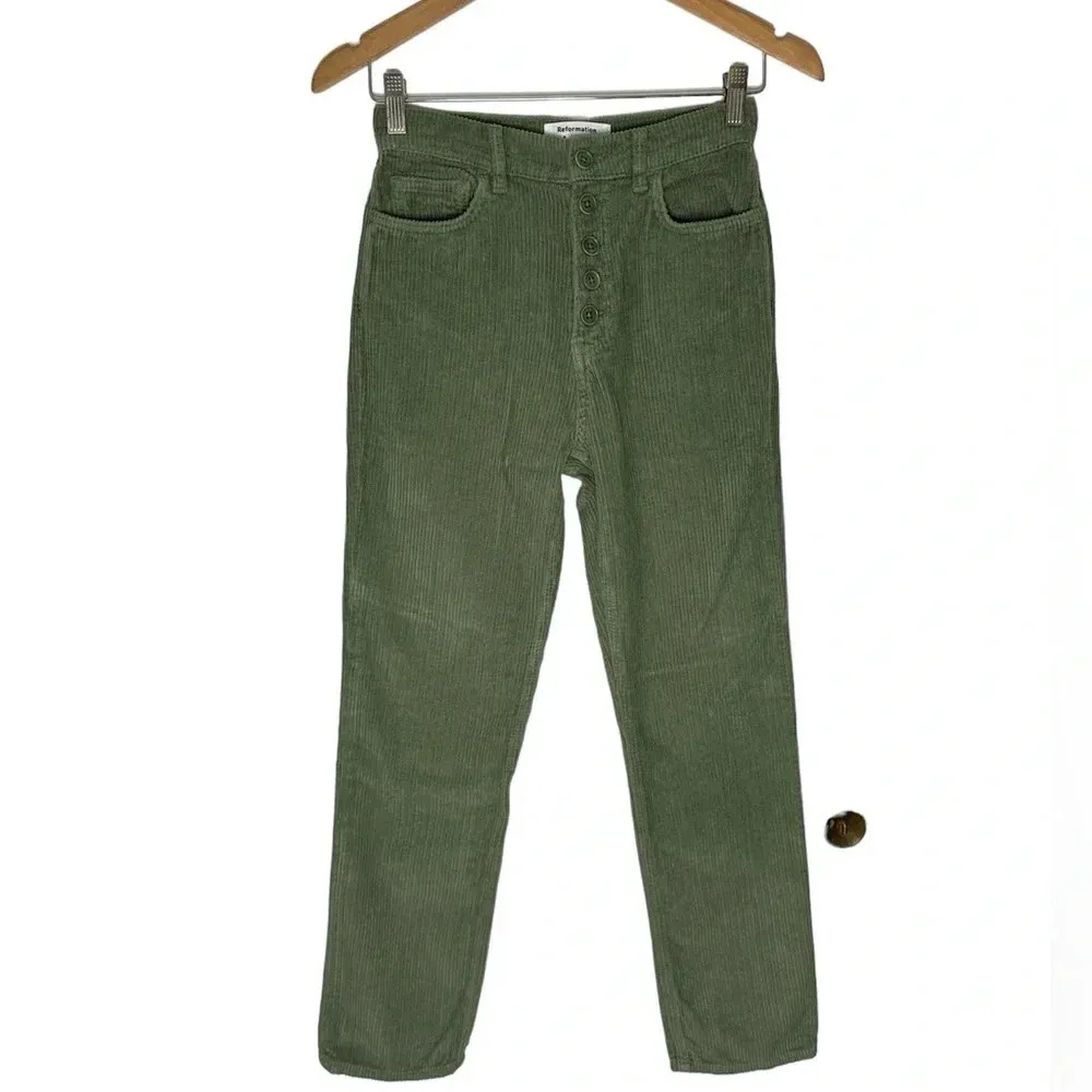 Reformation Cynthia Button Fly High Rise Straight Corduroy Pants in Moss - Image 4