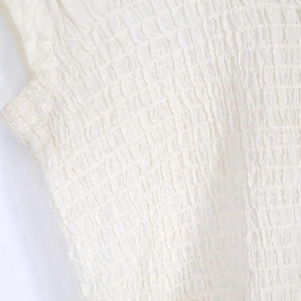 Maeve Anthropologie Bellamy Button Down Smocked Shirt Cotton Linen in White XS - Image 4