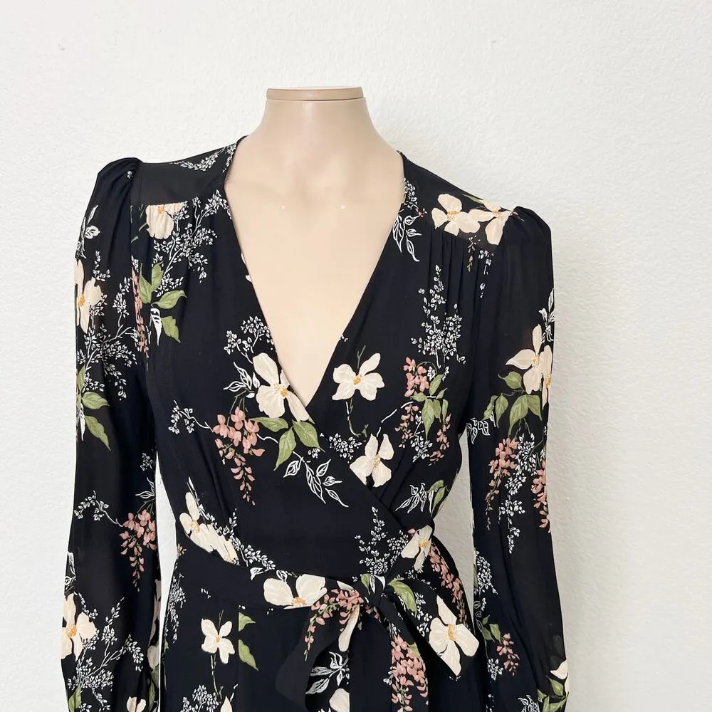 [Reformation] Black Floral Print Susanna Long Sleeve Wrap Midi Dress Sz Large L - Image 4